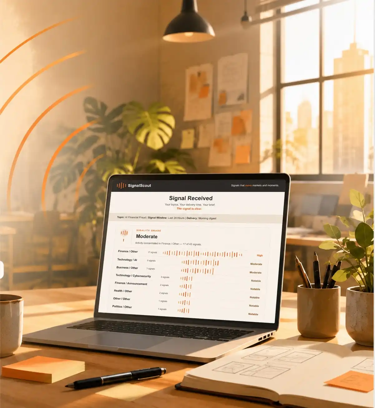 A warm, sunlit desk with a laptop showing a morning brief, coffee and a notebook
